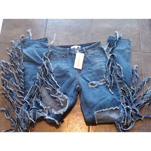 NWT Women's Hot & Delicious‎ Distressed Fringed Biker Denim Jeans SZ S Grunge